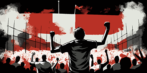 Shooting scene in front of the goalpost at a football stadium where the crowd cheers, Red Black and white, Vector and oil paint poster art,