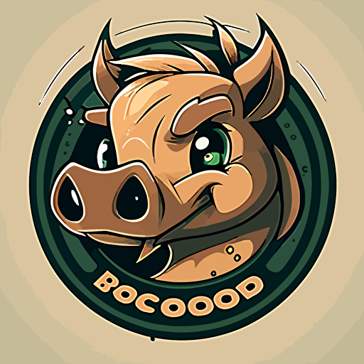 Captured in a 35mm wide-angle shot, we see the iconic logo for Bosco Company. A warthog is illustrated in a vector art style, with a side-shot perspective. The warthog's cartoon eyes reveal a friendly demeanor, yet its expression remains focused. A wry smile graces the warthog's face, hinting at the excitement of the journey ahead. In the background, a circular tire is burning rubber, reinforcing the theme of speed and adrenaline. The overall design exudes simplicity, while still maintaining a cartoonish and 2D visual aesthetic. The emblem radiates an inviting and adventurous energy, perfectly representing the dynamic and innovative spirit of Bosco Company.