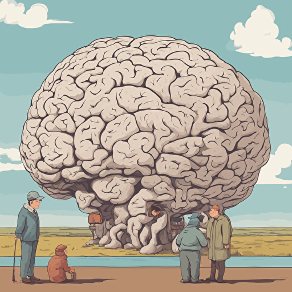 researches standing in front of a gigantic brain