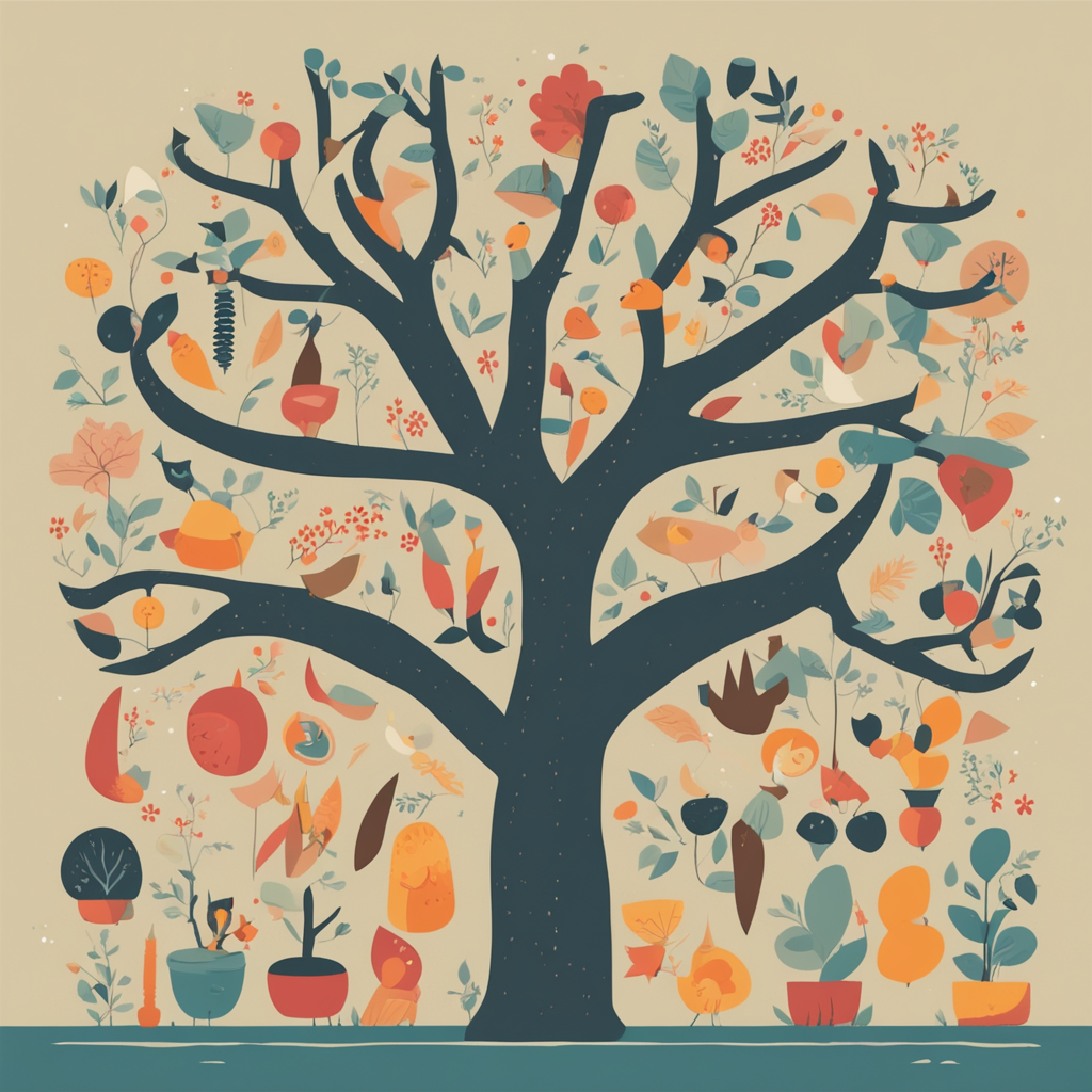 a tree with different objects in its branches