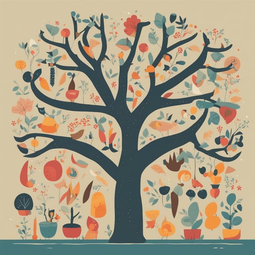 a tree with different objects in its branches