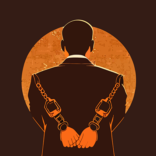 a close up of a man's hands in handcuffs behind his back, art deco, minimalist, vector, cryptocurrency style
