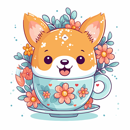 professional design vector, Happy cute colorful flower inu in a teacup, joy, vibrant colors, kawaii, contour, white background, smiling, happy, smile, joyful