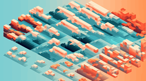 knolling isometric vector of ocean waves, firewatch style, close-up, on a light blue to orange gradient background