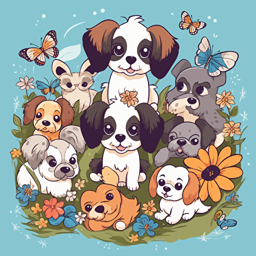 Collection of adorable hand drawn puppies with big eyes and fluffy fur, sitting and playing in a colorful garden filled with flowers and butterflies, conveying joy and cuteness, Vector illustrations, vibrant colors,