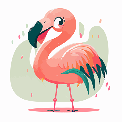 Vector cute flamingo, white background, pastel colors,smiling,winking,thick legs