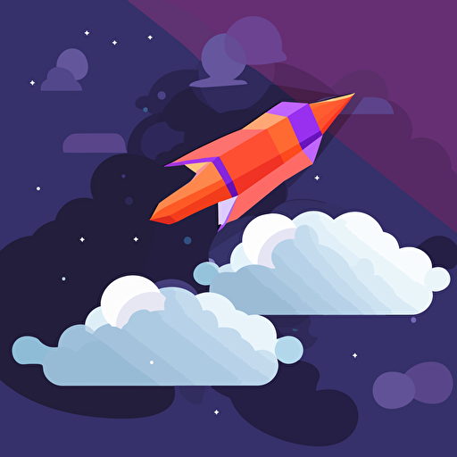 spaceship flying in air, through clouds, 2D, vector, flat art, fedex purple and orange