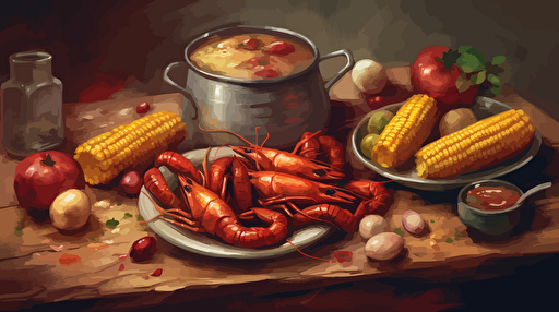 a crawfish boil spreaded out on a table, crawfish, corn cobs, sliced saugages, small red potatoes, vector, oil painting style
