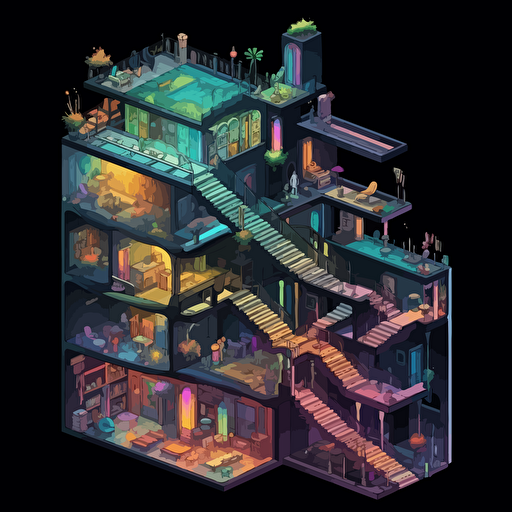 black multilevel building, cutaway view, many iridescent staircases, isometric, vector shapes, magical