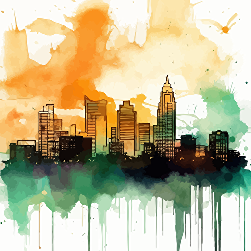 uptown Charlotte North Carolina skyline abstract watercolor painting by nick manley, in the style of digital gradient blends, simplistic vector art, etam cru, dark emerald and amber, splattered/dripped, ai weiwei, horizons