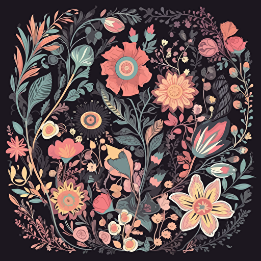 a floral pattern on black background, 2d vector, pastel colors