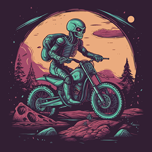 A Roswell crash site Alien as a biker, riding a harley-davidson style motorcycle, vector design, flat vibrant separated colors, no background