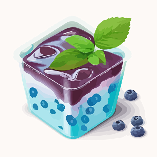 illustration of a blueberry and yogurt mousse in a clear square mica plastic cup,blueberry puree on top, mint leave on top, water color, die cut sticker, vector.