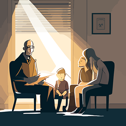 Subject: a family sitting in a waiting room of a psychotherapist’s office, with nice light coming in through the window and a mixture of apprehension and relief on the families faces, in the style of children's vector illustrators v 5 aspect ratio 9:16