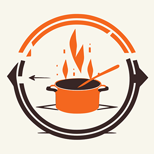 a logo of a saucepan, surrounded by a round arrow, on an induction symbol, with heat wave above, simple, vector