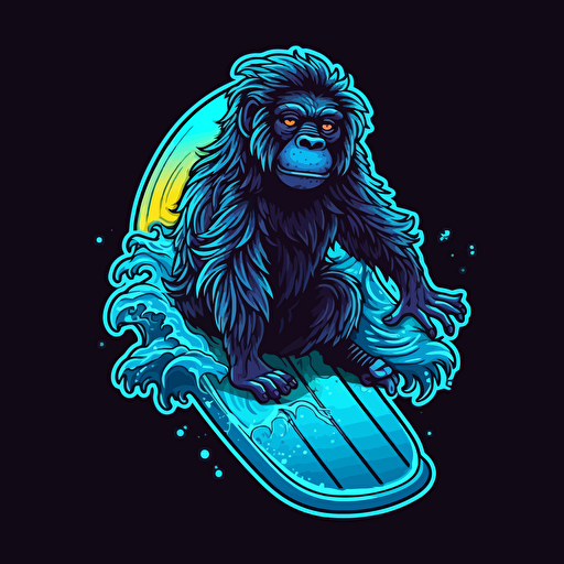a howler monkey riding a surfboard, Sticker, Cute, Neon, Gothic, Contour, Vector, Big Blue Wave in Background, Detailed