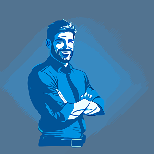 silhoette of professional young gaffer, facing camera, arms crossed, smiling, sleeves rolled up, blue color, gray background, simple design, vector style, white outline over silhouette