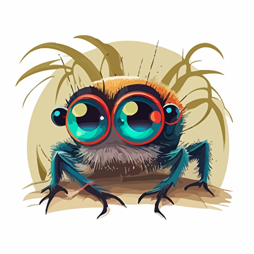 adorable jumping spider with bright chelius, flat vector style with 10 colors, giant eyes and eyelashes in a minimal style