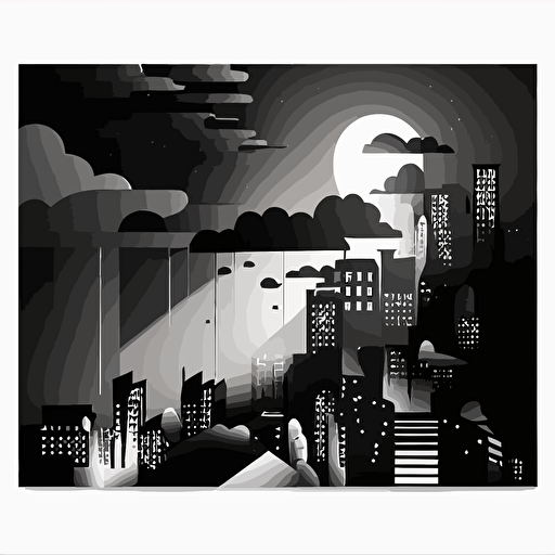 A vector illustration of a minimalistic city in shadows with lights and clouds, no shades, flat vectors, black and white, isolated with white background