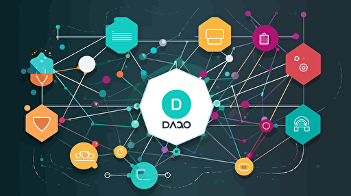 Introduction to DAOs: The Future of Decentralised Organizations and blockchain, vector illustration, flat, logo, bright colours