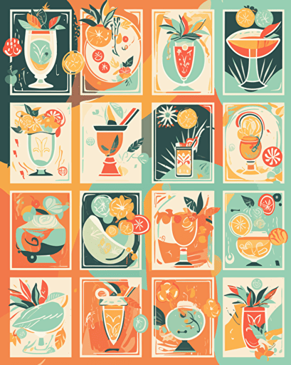 tropical cocktail, retro aesthetics, classic patterns, vector image, sticker design, pantone color scheme: 12-1706 TCX, 12-0824 TCX, 15-0146 TCX, 15-1164 TCX, 16-6340 TCX, 17-4247 TCX, 18-2043 TCX, 19-6026 TCX. The final piece should exude a warm, holiday-like ambiance.