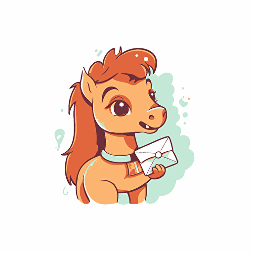 cute horse holding a letter in an envelope in mouth, simple vector flat illustration, white background