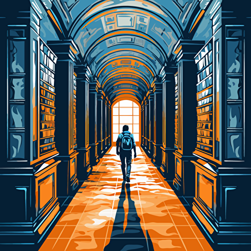 a vector image of a man walking down a long library hallway, blue and orange and dark gray, graffiti style