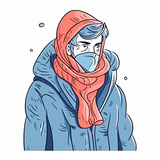 A man with a red nose, in a blue scarf, has a cold. Outline simplified, stylized cartoon illustration for children. with vector fills. concise, minimalistic rendering