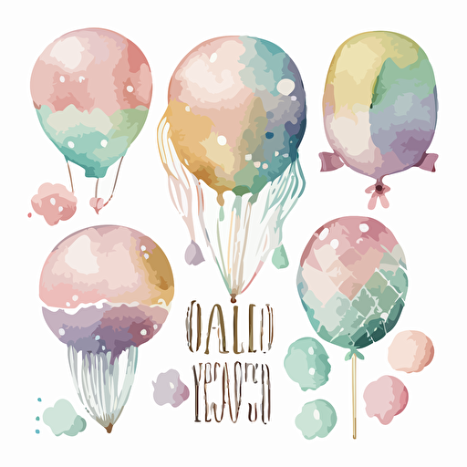 set of cute watercolor pastel foil balloons, vector, clipart, white bacjground