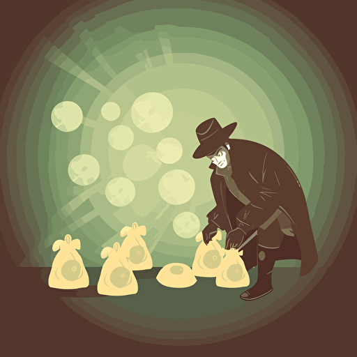 a vector image of a burgler who is carrrying a translucent bag of coins. The coins have copyright symbol minted on it