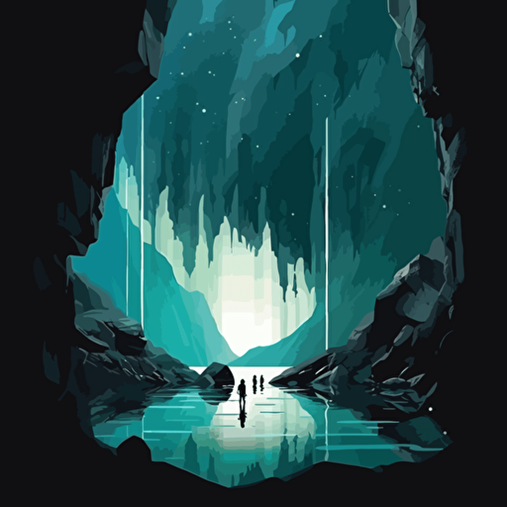 bold vector illustration fantasy art / turqoise and black in color with white accents / a glowing lake inside a cave with a distant light source, there are reflective organic beautiful faceted crystals of all sizes that are the shore of the lake