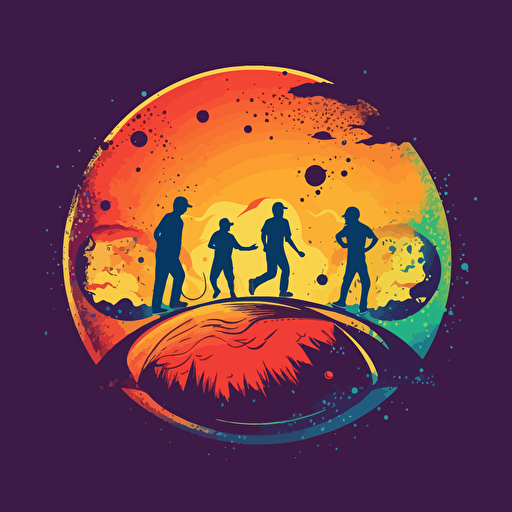Vector illustration of a baseball planet, with baseball players walking around it, in vivid colors.