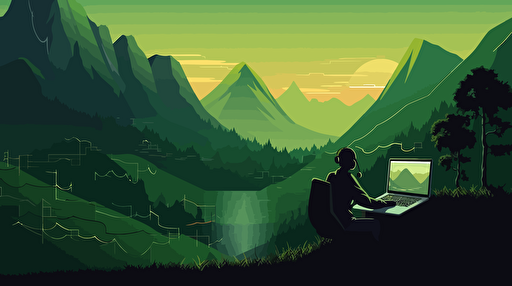 A world where there are green mountains and a programmer coding on the mountain in the distance, wallpaper, 2d vector,