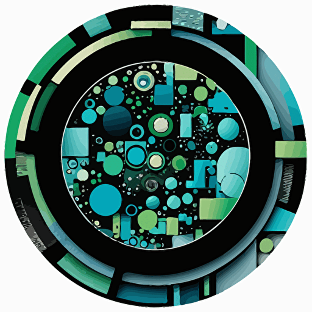 Vectore illustration, circle with black border, green/blue colors inside the circle with different geometric shape inside