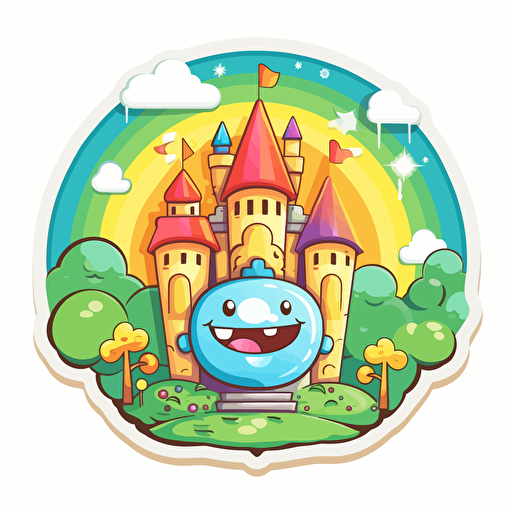 vector sticker design, happy vibes castle with a road, with sun behind castle, elf in front, elf is holding a balloon, birthday party, colorful lights, sunny day, white outline, on a badge, super crisp edges