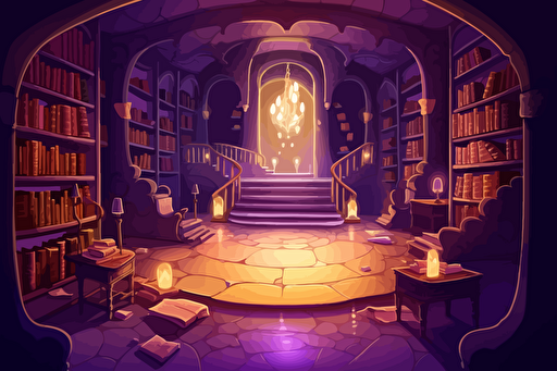 mystical underground library by Paul Gustaf Dore. Bookshelves, piles of books, scrolls, golden & white decor, marble floor, purple and gold carpets, purple glowing braziers, mystical, biblical copperplate art, retro 90s box art, vector style, inking, retro game, pixel art, high detail, less warm colors