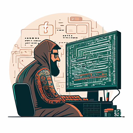 A middleeastern guy sitting infront of pc coding, behind perspective, cartoon, vector, 2d