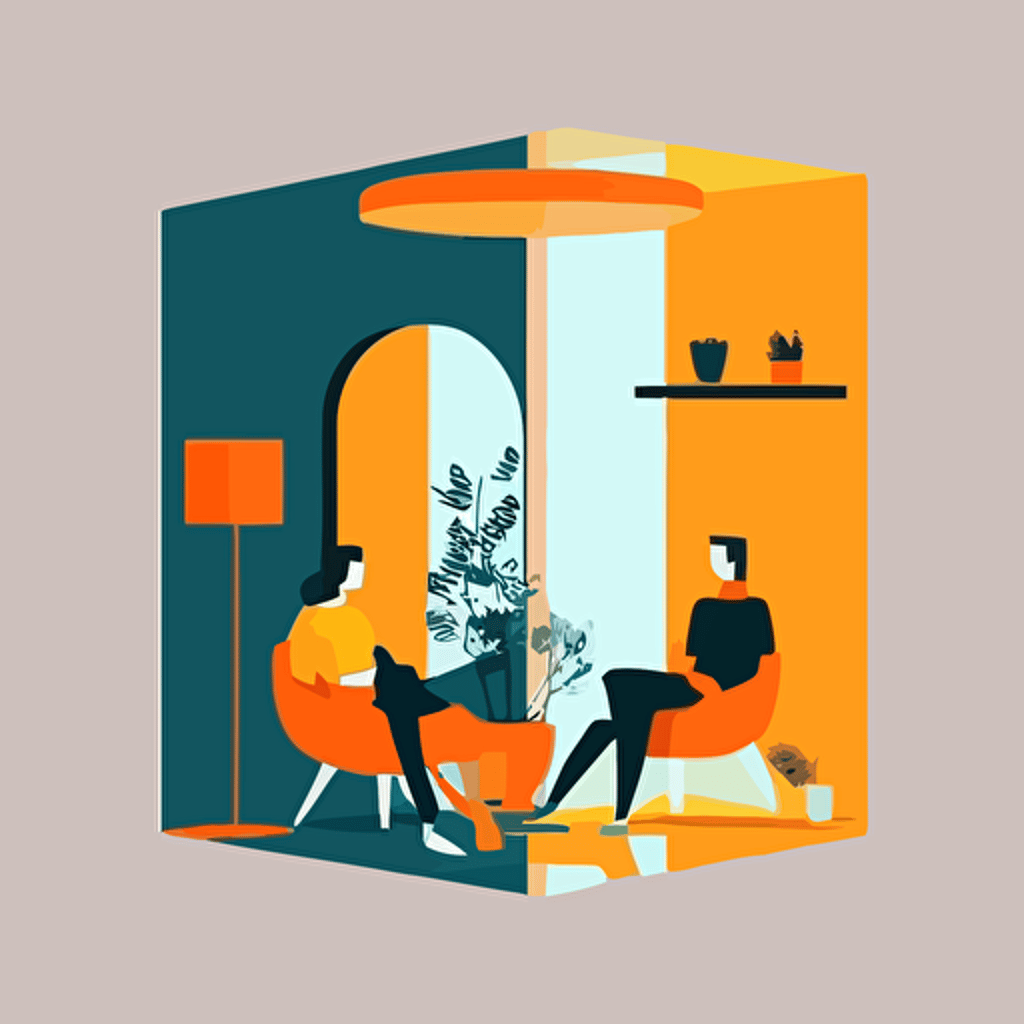 Simple, isotype, mirror, living room, mezzanine, minimal, couple relaxing, chilling, 2d illustration, flat, flat colors, vector illustration