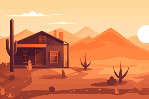vector art of a home in the desert with cactus in front and mountains in the background with the sun in the sky