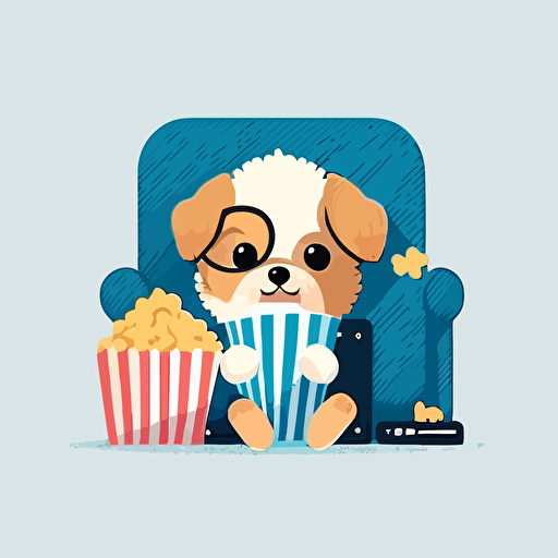 cute flat vector illustrations of puppy with face mask, book, couch and popcorn movie.