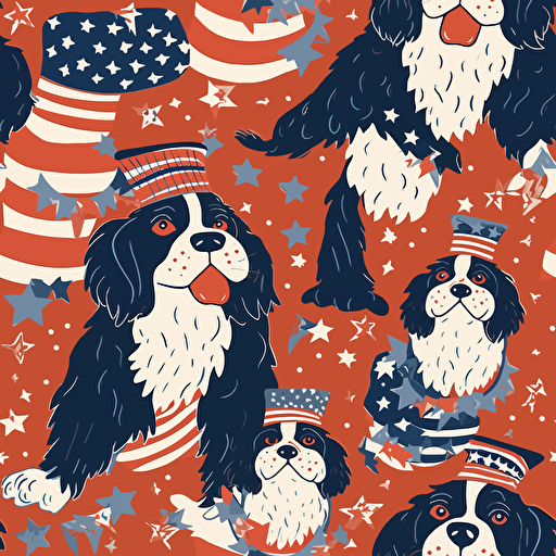 vector illustration of two dogs having fun, USA Flag Colors, 4th of July Theme