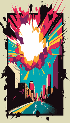 a manga style poster cover with big explosion breaking out of a frame, vibrant colours, skyscraper billboard, simple vector illustration