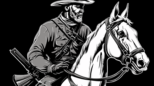 confederate soldier with war paint on his face pointing a musket riding a galloping war horse, profile view, black and white vector style illustration, thick stroke logo
