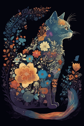 cat , flowers, boho color, daniel merriam style, vector, 2d,