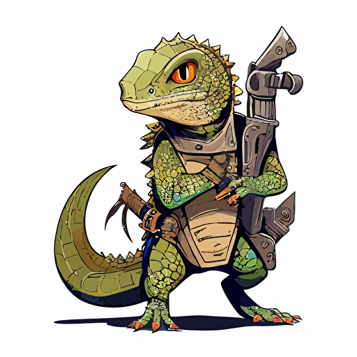 lizard body armour with bandaged forehead, posing with weapon, sticker design, vector illustration.