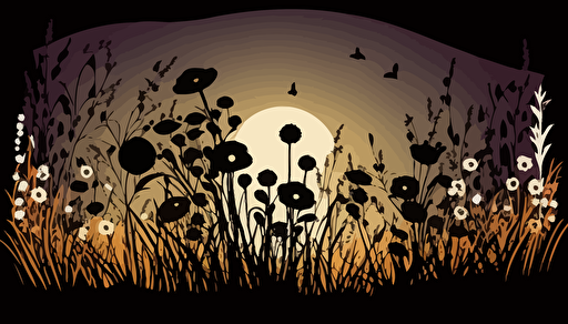 silhouette of a flower meadow, vector drawing, two-tone,