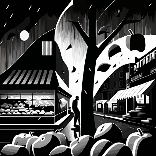 Black and WHite vector illustration of broken fruit stands in town