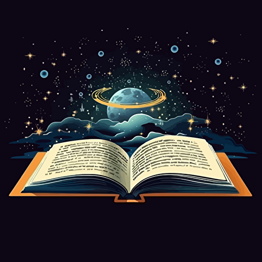 an open book with a small universe coming out of the pages, vector, art