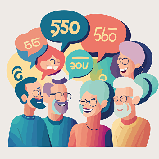 group of 50 years old people building a community project, talking, smiling, pastel colours, vector illustration style