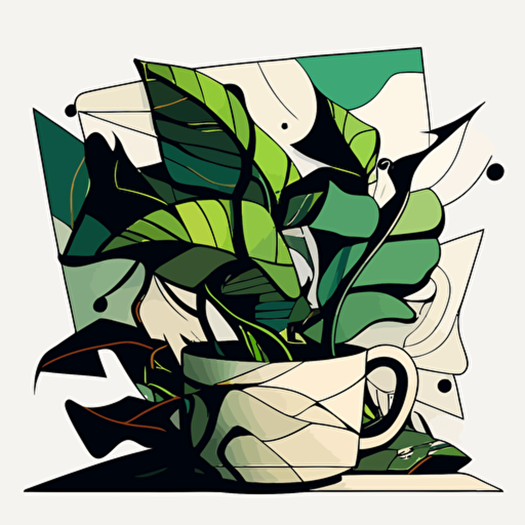 abstract vector art of green leaves, cup of tea, botanica, cubist style, 2d, black outline